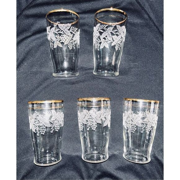 5 Vintage Bartlett Collins 4.75 " Frosted Grape Leaf Etched Gold Rim Glasses - Picture 1 of 3